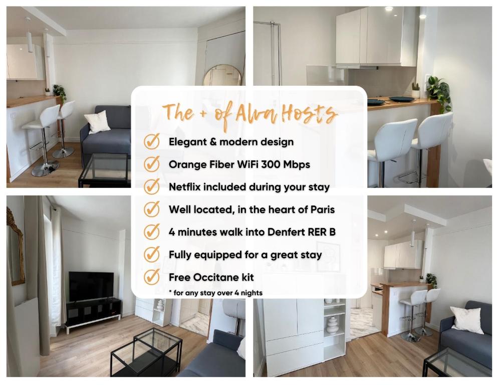 un collage de photos d'une cuisine et d'un salon dans l'établissement Stylish apartment in Paris, à Paris