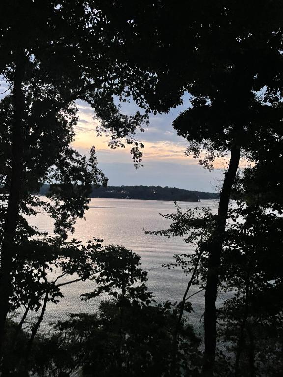 a view of a lake from between two trees at Riva Loft with a View in Riva