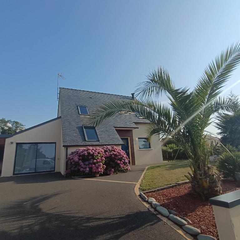 une maison avec un palmier devant dans l'établissement Maison proche de la mer, à Plestin-les-Grèves