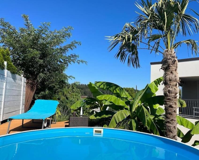 ein Pool mit einem blauen Stuhl und einer Palme in der Unterkunft City Chillout Heidelberg Appartement with Sauna & Pool in Heidelberg