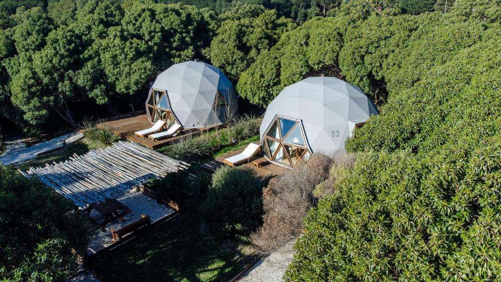an overhead view of two domes in a forest at Domo 2 - Domos Aiken Chapa Glamping en Zona Cruz del Sur Chapadmalal para 2 PAX - Hola Sur in Mar del Plata