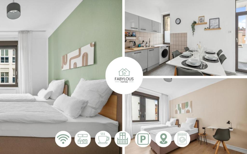 a room with a bed and a kitchen and a room with an open floor plan at FABYLOUS Homes City Apartment I Gruppen I Waschtrockner I Balkon I belebte Lage in Wiesbaden