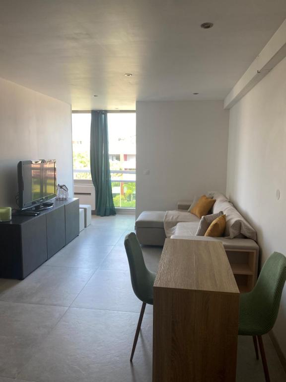 un salon avec un canapé et une table dans l'établissement T2 entièrement rénové à 550m de la plage de La Faviere à Bormes-les-Mimosas, à Bormes-les-Mimosas