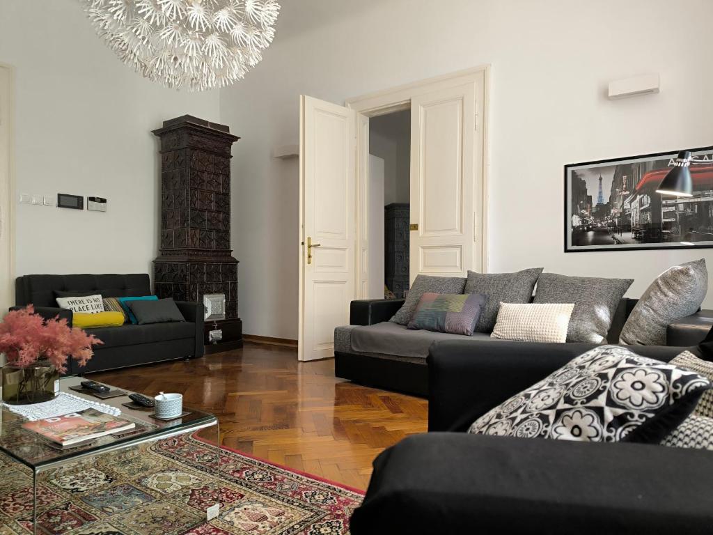 een woonkamer met een zwarte bank en een open haard bij Konzul -Top apartment, strict center, parking in Osijek