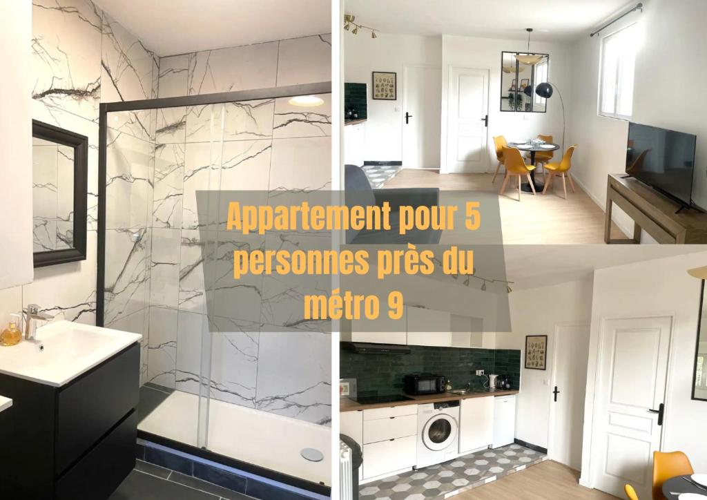 a bathroom with a sink and a shower in a room at #7 Appartement pour 5 personnes près du métro L9 in Bagnolet
