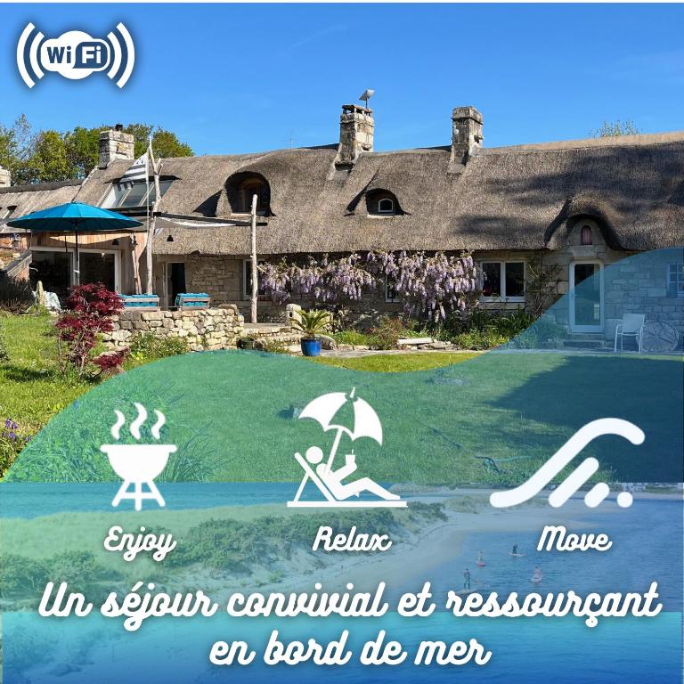 une publicité pour une station balnéaire avec les mots ressusciter la renaissance seraiseraine dans une pelouse dans l'établissement Superbe chaumière en bord de mer, à Fouesnant