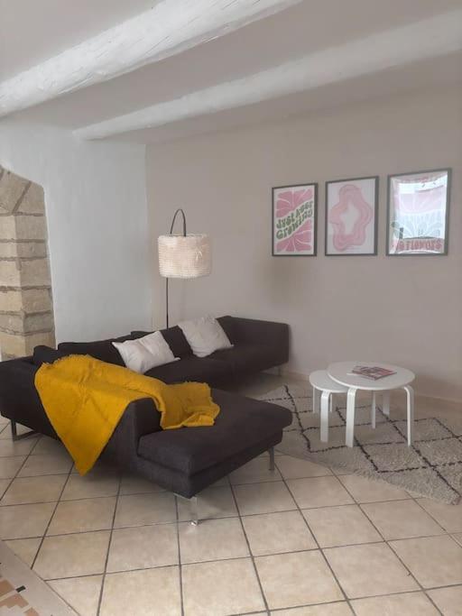 un salon avec un canapé et une table dans l'établissement Appartement maison mas provençal, à Pélissanne