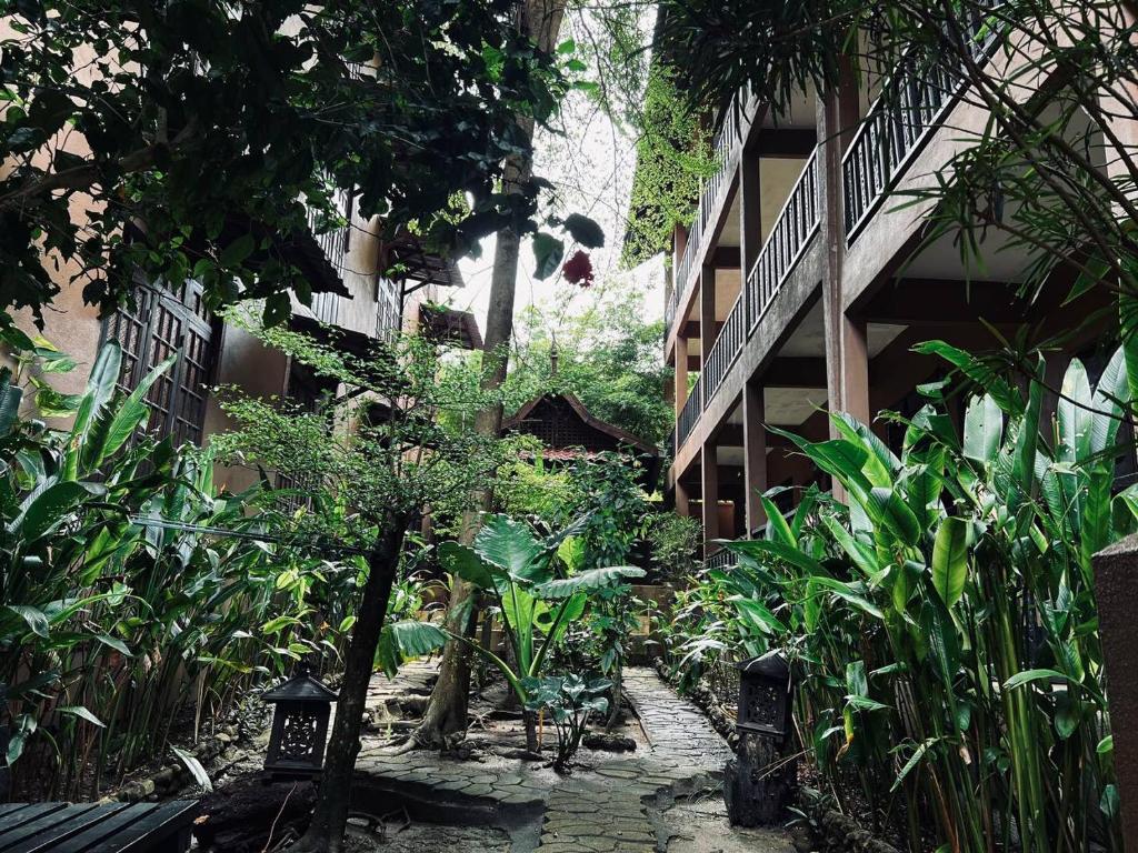 a garden with trees and plants next to a building at Ombak Dive Resort Perhentian Island in Perhentian Islands