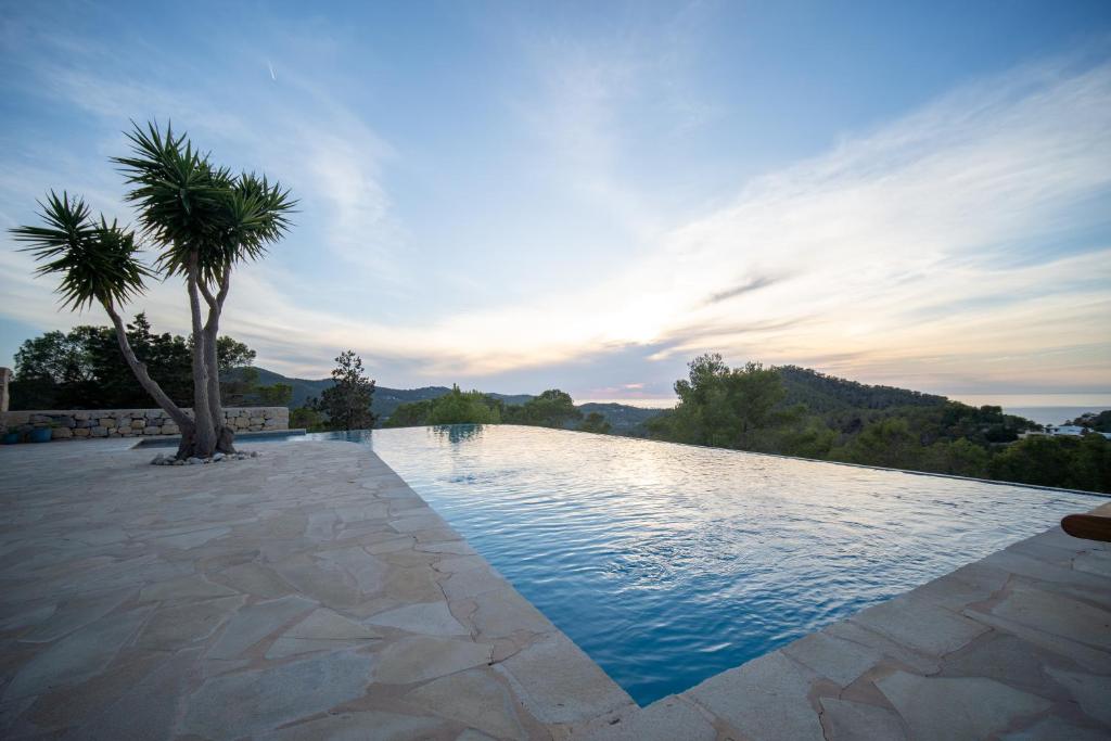 a swimming pool with a palm tree in the middle at Can Pla Roig con vistas al Mar y la Puesta de Sol in Sant Joan de Labritja