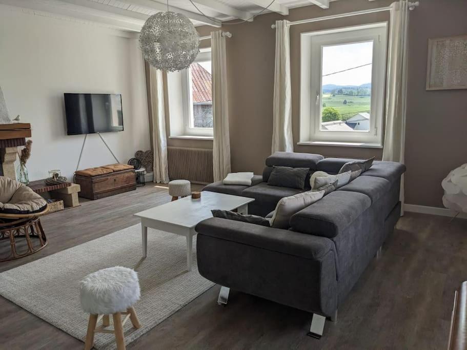 un salon avec un canapé et une table dans l'établissement GRAND APPARTEMENT COSY DANS MAISON DE CAMPAGNE, à Saint-Pierre