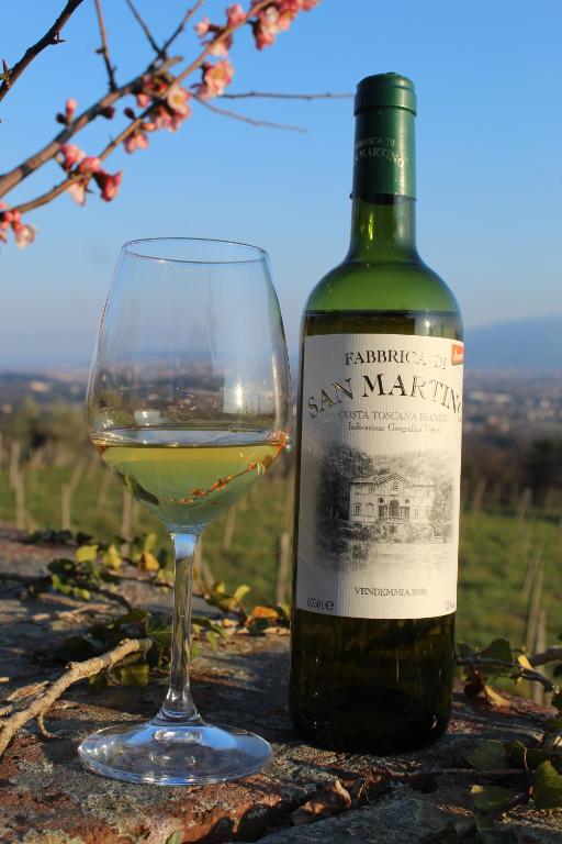 a bottle of white wine next to a wine glass at Azienda Agricola Fabbrica Di San Martino in Lucca