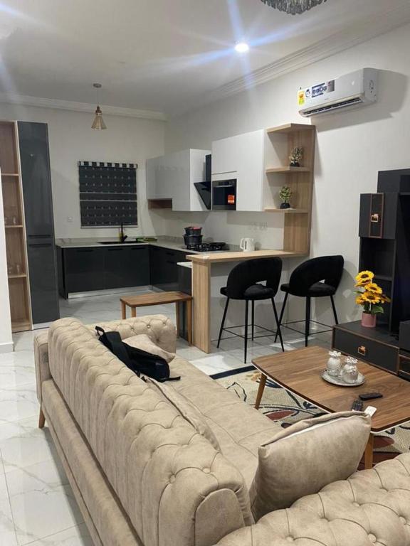 un salon avec un canapé et une cuisine dans l'établissement 2 Bedroom Semi- Luxury Apartment in Achimota, à Achimota