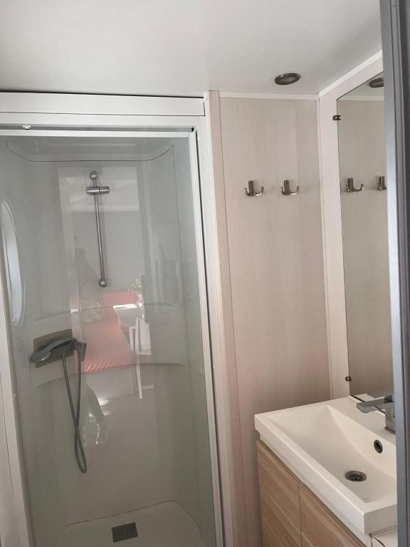 une salle de bain avec douche et lavabo dans l'établissement Camping la sainte baume, à Nans-les-Pins