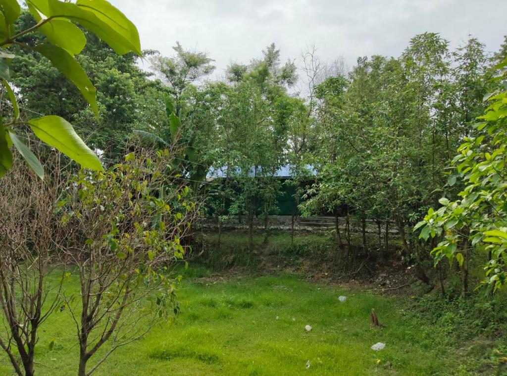 a field with trees and a bridge in the background at Sudarshan Resort in Haraincha