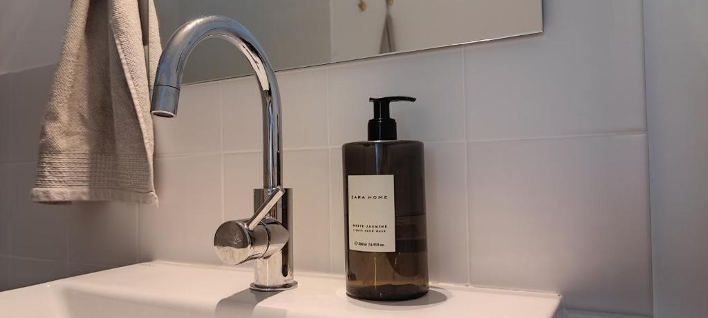 a bottle of soap sitting on a sink next to a faucet at Castelao 43 in Arcade
