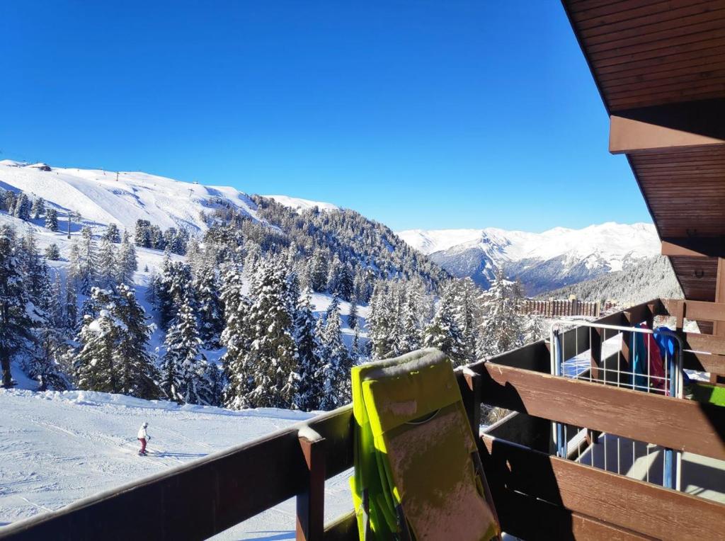 - une vue sur une montagne enneigée depuis un lodge de ski dans l'établissement Appartement 4-6p Belle Plagne, skis aux pieds, vue montagne, ensoleillé, à La Plagne Tarentaise