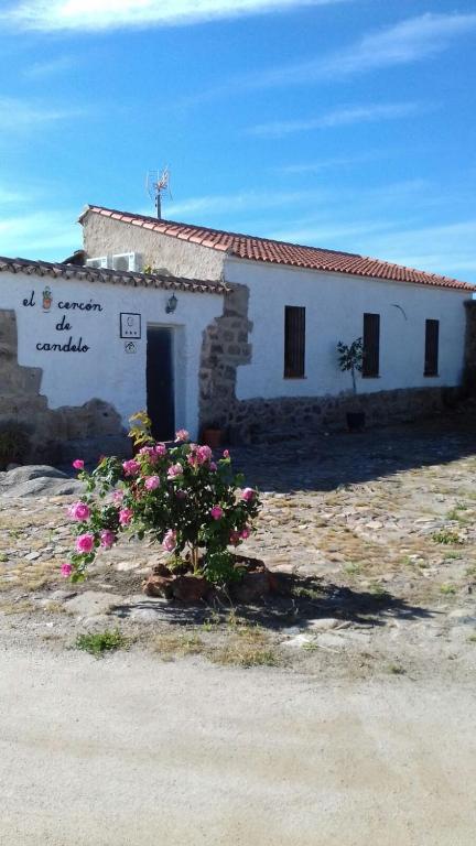 a white building with pink flowers in front of it at El Cercón de Candelo in Magacela
