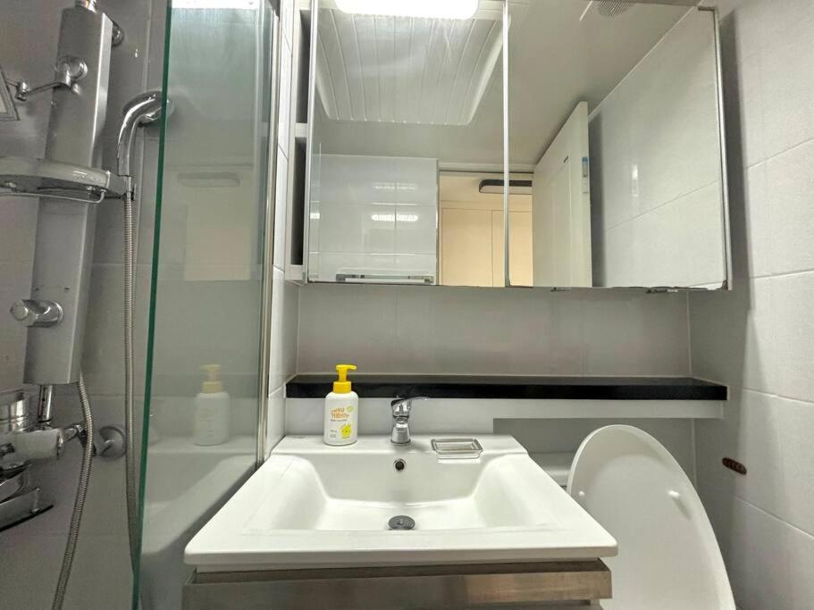 a bathroom with a sink and a toilet and a mirror at nearby subway, 2 bedroom big house in Seoul