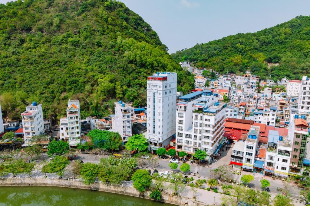 an aerial view of a city next to a mountain at Chu Long Hotel & Spa in Cat Ba