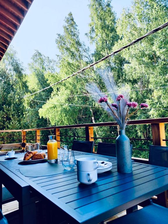 une table bleue avec un vase de fleurs sur une terrasse dans l'établissement Appartement Chalet Cozy au pied des pistes!, à Saint-Pierre-dels-Forcats