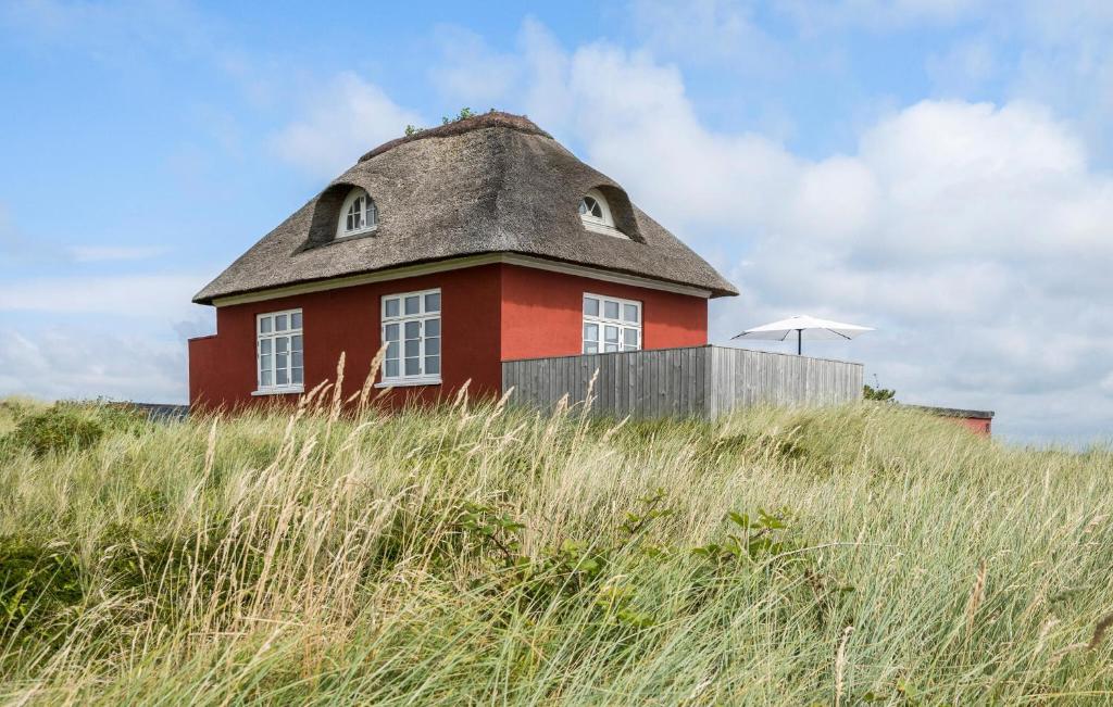 a red house on top of a grassy hill at Two-Bedroom Holiday Home In Ringkobing in Ringkøbing