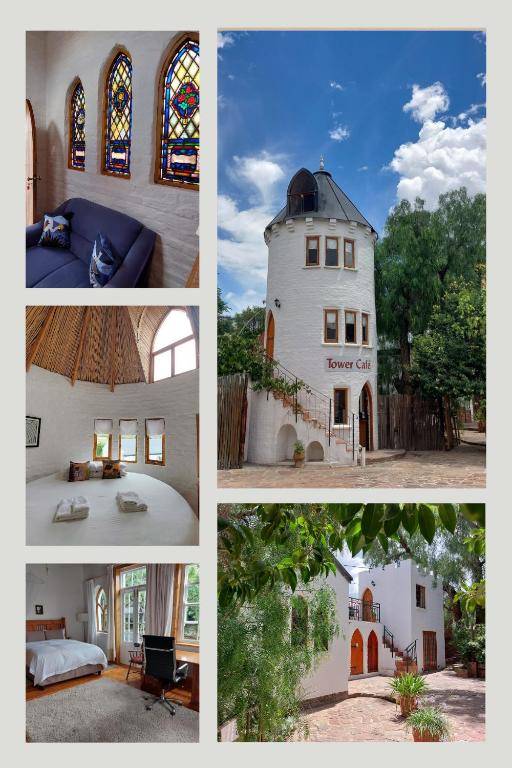 a collage of pictures of a house and a building at Bethesda Tower Accommodation in Nieu-Bethesda