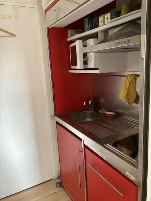 - une cuisine rouge avec évier et four micro-ondes dans l'établissement Studio de 11m centre du havre, au Havre