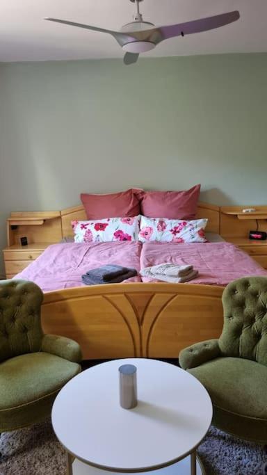 Postel nebo postele na pokoji v ubytování Ferienwohnung mit Garten und Bergblick