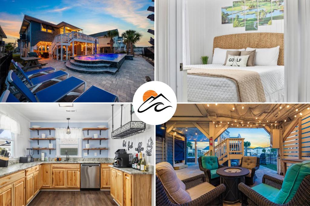 a collage of three pictures of a hotel room at A Boardwalk Away in Myrtle Beach