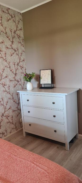 un comò bianco con una foto in una camera da letto di B&B De Vretberg a Enschede
