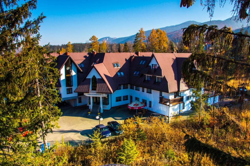 an aerial view of a large house in the woods at Pensjonat pod Giewontem in Zakopane