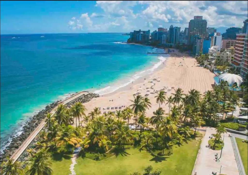 an aerial view of a beach with palm trees and the ocean at Santurce Studios Newly Renovated 6 in San Juan