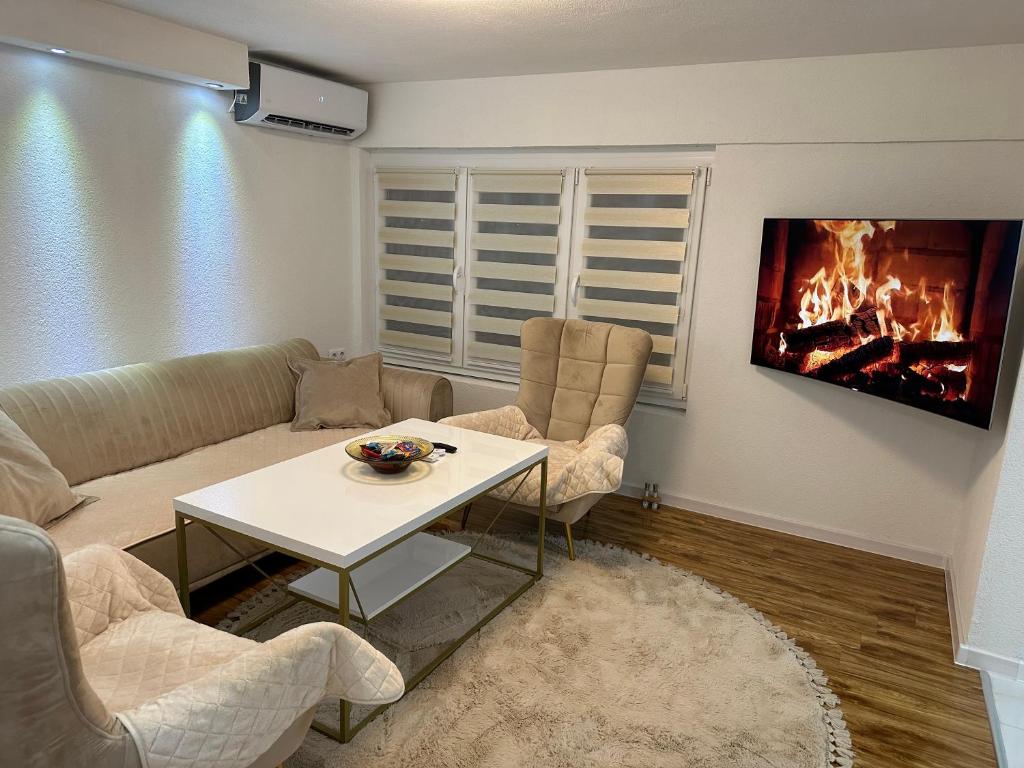 a living room with a couch and a fireplace at JB apartman Živinice in Živinice