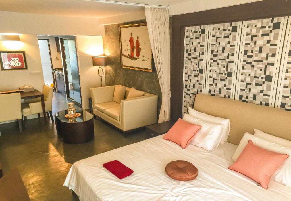 מיטה או מיטות בחדר ב-Samui Pool View Apartment