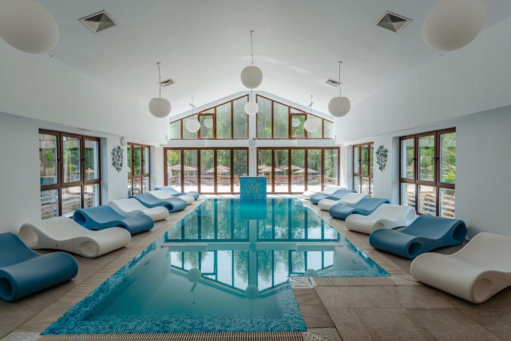 a swimming pool with blue and white chairs and windows at Pensiunea Mirabilandia in Negreni