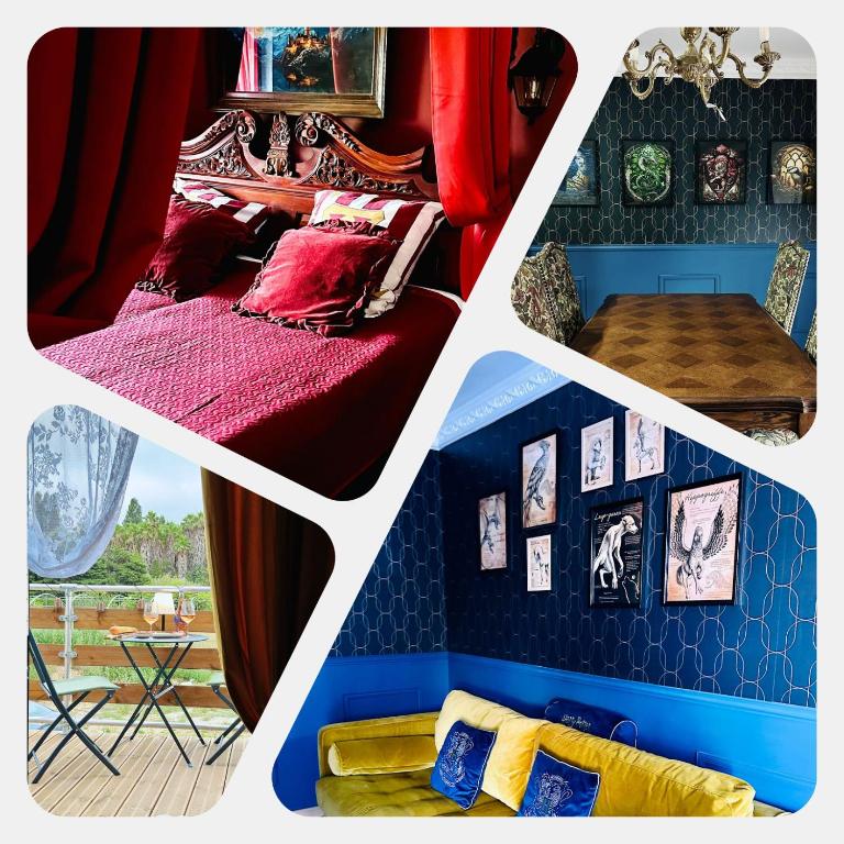 un collage de photos d'une chambre avec du rouge et du bleu dans l'établissement La Maison des Sortilèges, à Perpignan