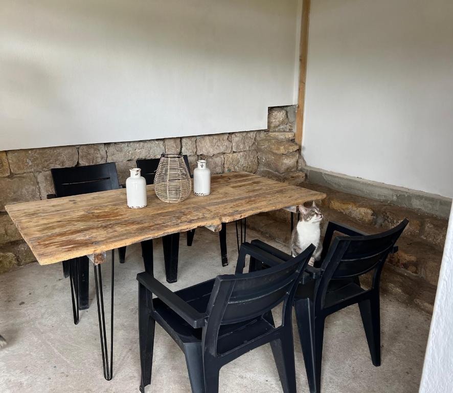 een tafel met twee zwarte stoelen en een kat eronder bij Yomoct in Kostandenets