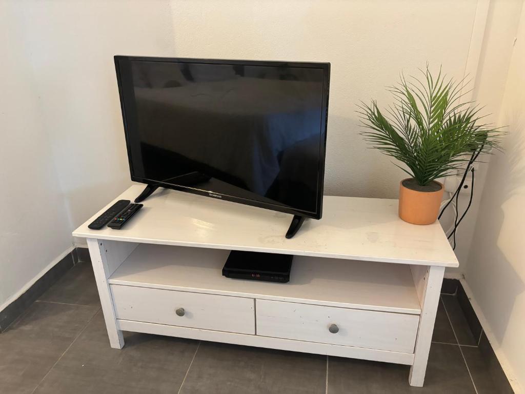 TV a/nebo společenská místnost v ubytování Logement paisible jacuzzi jardin privatif climatisation