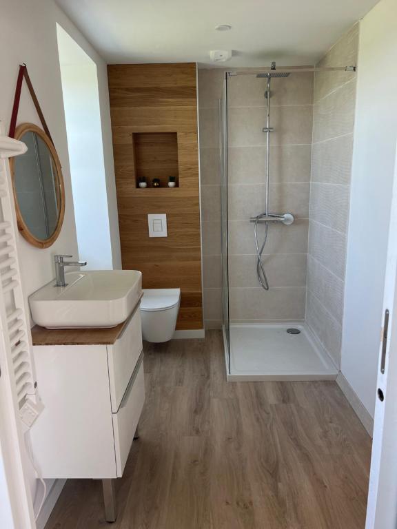 une salle de bain avec une douche, un lavabo et des toilettes dans l'établissement TY MEIN gîte, à Lampaul