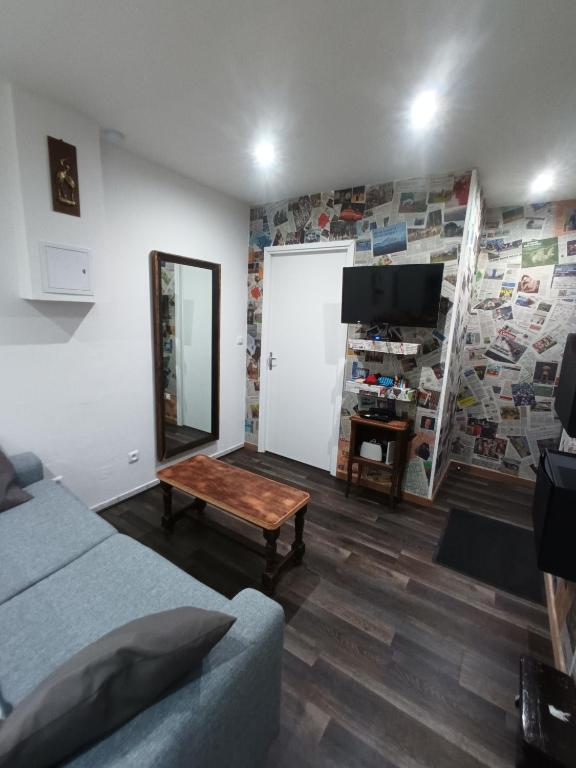 un salon avec un canapé et un miroir dans l'établissement Petite maison atypique, à Saint-Rémy-en-Bouzemont-Saint-Genest-et-Isson