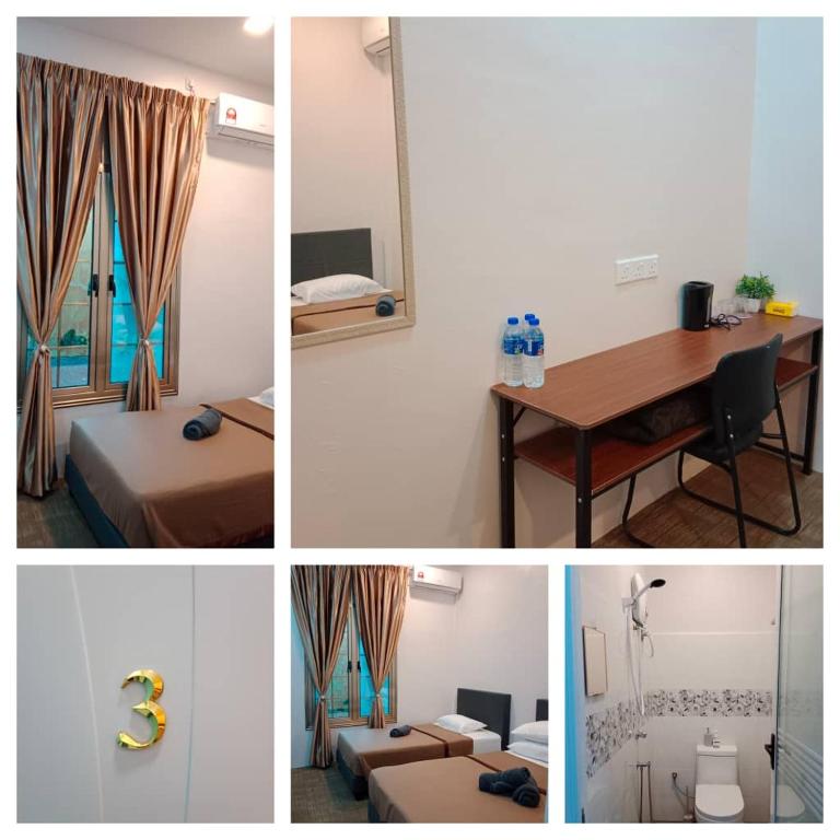 a collage of pictures of a room with a bed and a desk at Nafeeza Roomstay in Jertih