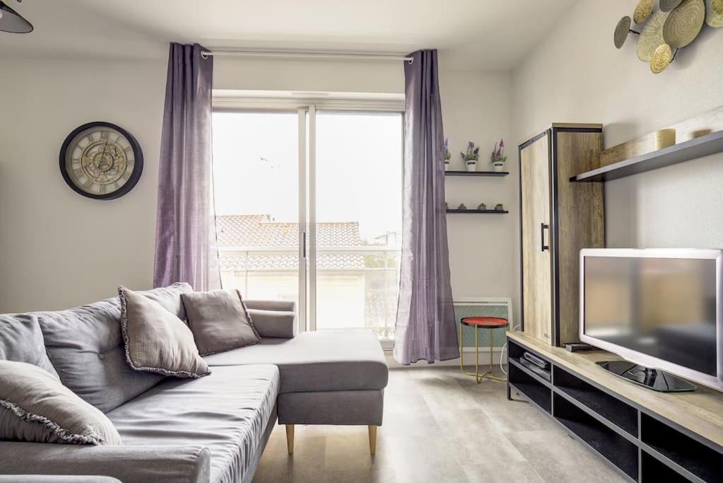 un salon avec un canapé et une télévision dans l'établissement Appartement 3 chambres avec terrasse et parking, à Albi