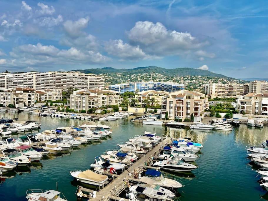 un groupe de bateaux amarrés dans un port de plaisance comportant des bâtiments dans l'établissement Les Masters YourHostHelper, à Mandelieu-la-Napoule