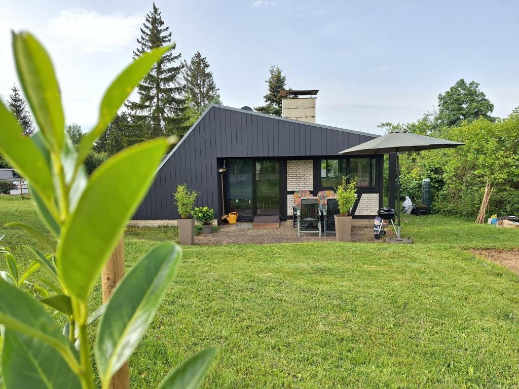 a house with a black roof and a yard at Ferienhaus Waldidyll in Gerolstein