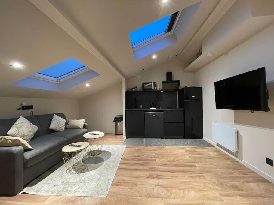 un salon avec un canapé et une télévision à écran plat dans l'établissement Cocon sous le toit, 6 personnes, Villeurbanne, à Villeurbanne