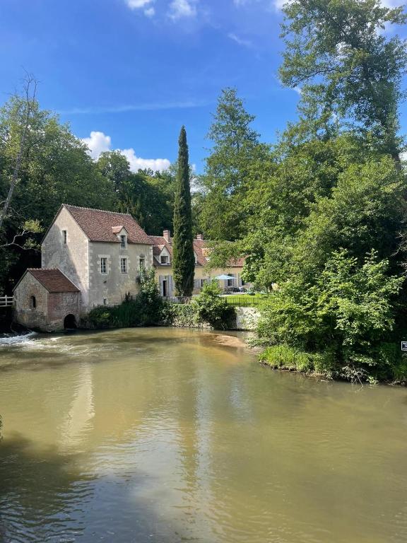 une maison et une rivière avec une maison et des arbres dans l'établissement Moulin Dorceau - 8 couchages - voir notre site, à Rémalard