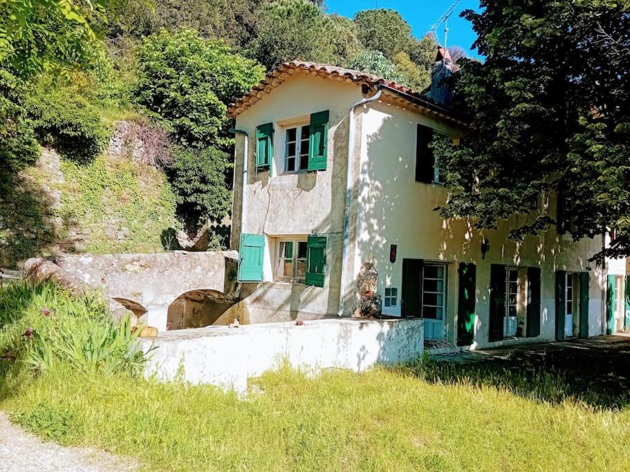 a house with green shutters on the side of it at Relai de randonnées pédestres, cévenoles, bassin en eau de source, randonnées d'ânes abreuvoir et enclos in Monoblet