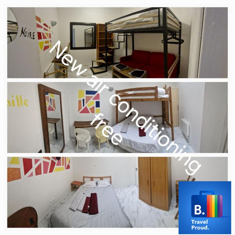 un collage de deux photos d'une chambre et d'un lit dans l'établissement Bed and breakfast chez l'habitant, à Marseille