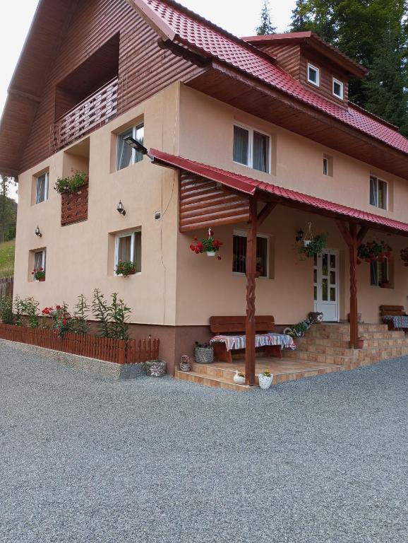 a house with a bench in front of it at Cabana Claudia Briciu in Arieşeni