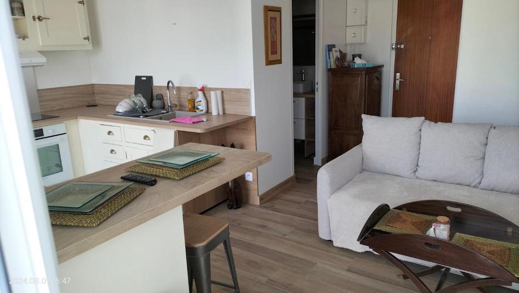 Il dispose d'une cuisine et d'un salon avec une table et un canapé. dans l'établissement Appartement a louer, au Havre